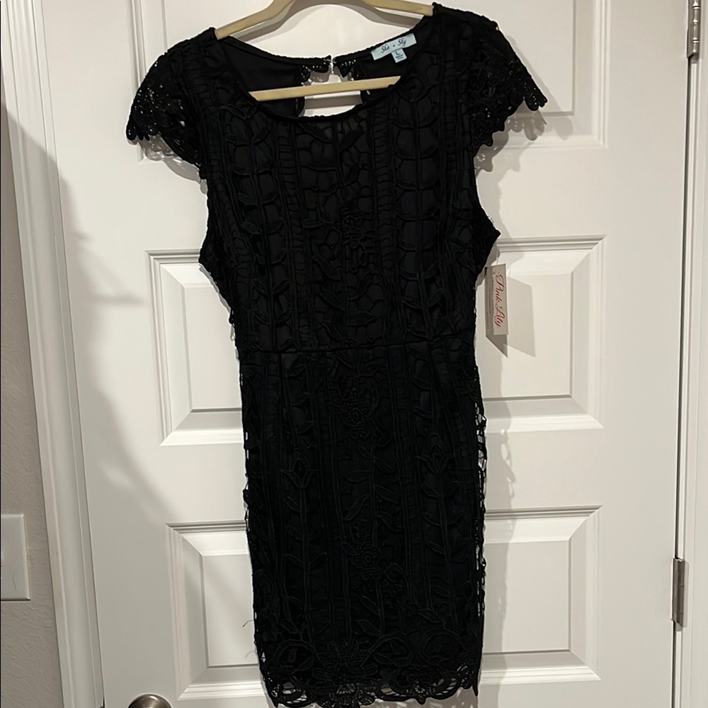 She + Sky Black Sheath Mini Dress with Flutter Cap Sleeves